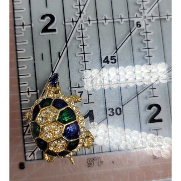 Sphinx Crystal Enamel Turtle Brooch Green Blue on Gold Tone Vintage Number 20232 - Picture 2 of 6